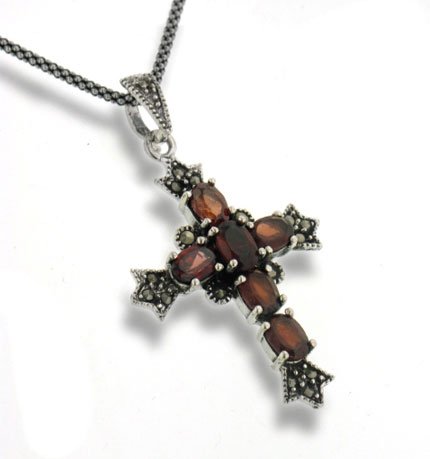 Sterling Silver Red Garnet and Marcasite Cross Pendant with Antiqued 18 Chain Necklace