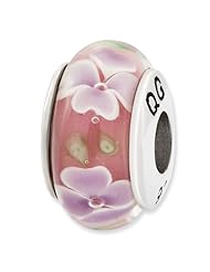 Sterling Silver s Lt Pink W/ Purple Flower Hand Blown Glass Bead by Reflection Beads, Best Quality Free Gift Box Satisfaction Guaranteed
