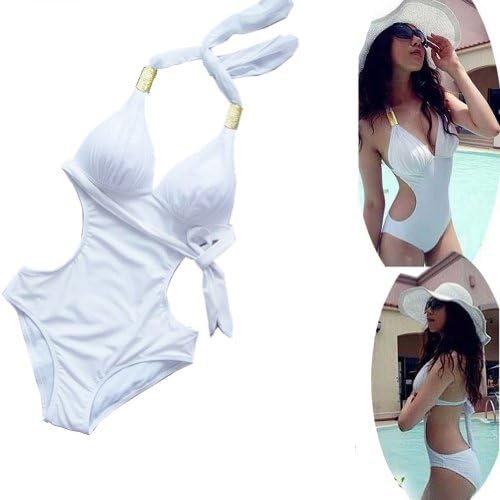 ECOSCO One Piece Scrunch Monokini Style bikini Swimsuit Swimwear Beachwear (XL, White)