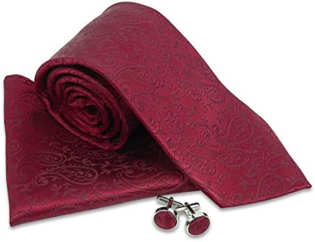 Zheli Men's Paisley Silk Tie Set: Necktie+Hanky+Cufflinks Red, 58 x 3.75 inch
