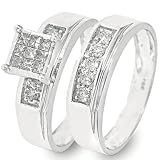 1/2 CT. T.W. Round, Princess Cut Diamond Women's Bridal Wedding Ring Set 14K White Gold - Two Rings: Ladies Engagement Ring and Ladies Wedding Band - Free Gift Box -