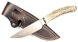 RUKO 4-3/4-Inch Blade Hunting Knife with Genuine Deer Horn Handle and Leather Sheath