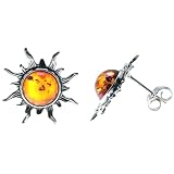 Certified Genuine Honey Amber and Sterling Silver Flaming Sun Stud Earrings