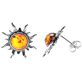 Certified Genuine Honey Amber and Sterling Silver Flaming Sun Stud Earrings by 