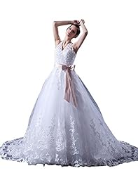 A-line Floor Length Lace Natural   Waistline Halter  Dress with a Chapel Train  With a Sash 