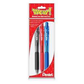 Pentel WOW! Retractable Ball Point Pen, Medium Line, Assorted Ink, 3 Pack (BK440BP3M)