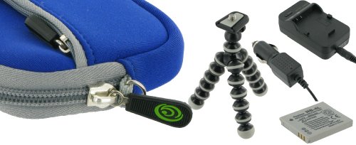 4n1 - Neoprene (Dark Blue) Sleeve Case / NP-BG1 NP-FG1 AC DC Charger / Battery / Tripod for Sony Cyber-shot DSC-W230 Digital Camera Silver