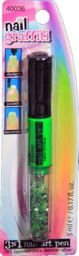 3 in 1 Green Nail Polish Pen By Nail Graffiti - Includes Nail Polish Brush, Fine Tip Polish Pen &amp; Nail Art Rhinetones