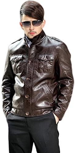 Erechtheus Men's Distressed Mao Collar Faux-Leather Jacket (X-Small, Brown)