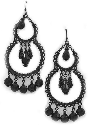 Black Rhinestone Dangle Pierced Earrings Silver Tone Goth Design Mourning