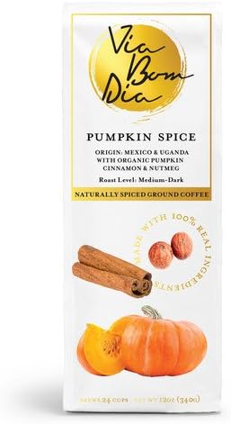 Via Bom Dia 100% Naturally Flavored Coffee, Pumpkin Spice, Ground Coffee + Real Pumpkin & Spices (no artificial flavors!), 12oz