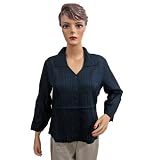 Womens Boho Fashion Navy Blue Pleated Shirt Full Sleeve Tunic Top Medium Size