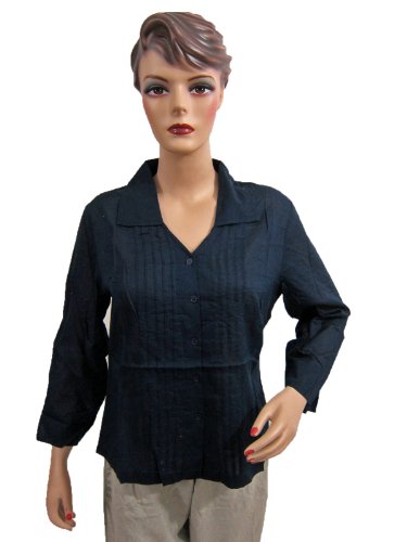 Womens Boho Fashion Navy Blue Pleated Shirt Full Sleeve Tunic Top Medium Size