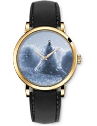 SPRAWL Aanalog Fashion Series Gold Ladies Watches of Genuine Black Leather Strap,Unique Wrist Watch for Women Girls Designed with Ringer in the Snow