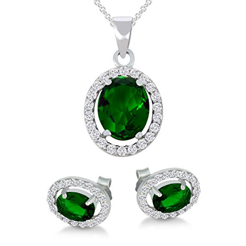 BSD Treasure Sterling silver diamond crusted oval cubic zirconium emerald necklace and earring set with Italian design rolo chain