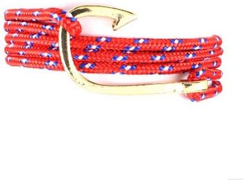 ET Gold Plated Fish Hook Bracelet on Colorful Nylon Ropes - Nautical Style - (Red)