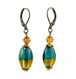 Earrings - E219 - Murano Style Glass - Oval ~ Teal and Topaz