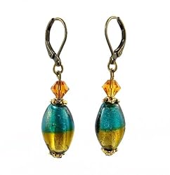 Earrings - E219 - Murano Style Glass - Oval ~ Teal and Topaz