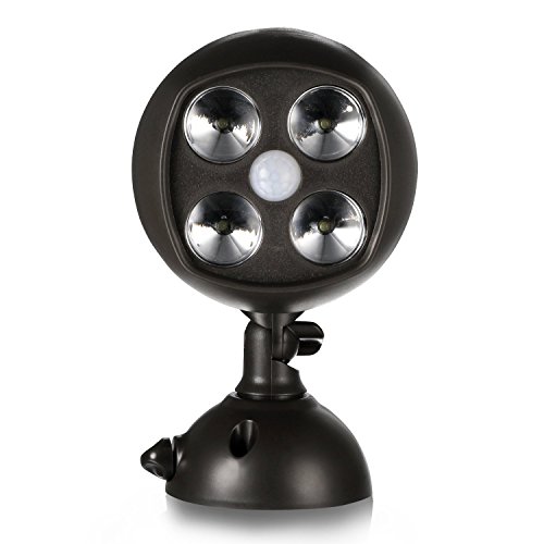 EasGear® 600-Lumen Bright Weatherproof Wireless Battery Powered 4 Led Motion Sensor Outdoor Spotlight Wall Light with PIR Motion Sensor & Light Sensor（4*3w Led Bulbs，Black）