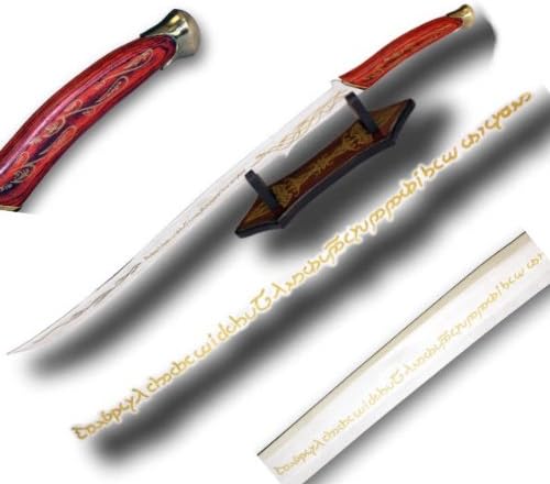 Fantasy Sword &amp; Hardwood Stand Hardwood Handle with Red Finish, Gold Finished Metal Trim Stainless Steel Blade, Gold Printed Both Sides, Not Sharp Overall Length: 38" ,Blade Length: 30" Fancy Hardwood Stand Included