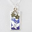 Rectangular Blue Double Butterfly Pendant with Gold Fill Flowers in Sterling Silver on 16" Box Chain, #8772