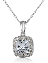White Gold Diamond (0.06cttw, G-H Color, I2-I3 Clarity) and Aquamarine Square Pendant Necklace, 17"