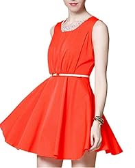 Chiffon/Polyester/Spandex Belted Pleated Sleeveless Above the Knee Summer Skater Dress/Party Dress/Mini Dress 