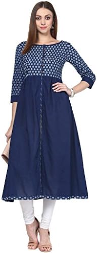 Indigoferry Women's Hand Block Printed Long Kurta Large Blue