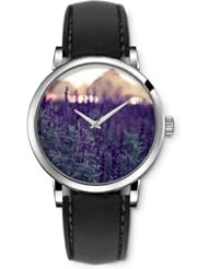 SPRAWL Aanalog Fashion Series Silver Ladies Watches of Genuine Black Leather Strap,Unique Wrist Watch for Women Girls Designed with Mountains covered with clouds
