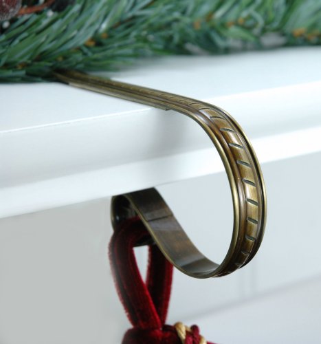 The Original MantleClip® Stocking Holder with Holly Embossed Design, 4 Pack - Classic Antique Brass