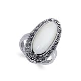 Nickel Free Sterling Silver Oval Shaped 24mm x 10mm Mother of Pearl Polished Finish 4mm Marcasite Band Ring Size 5, 6, 7, 8, 9, 10