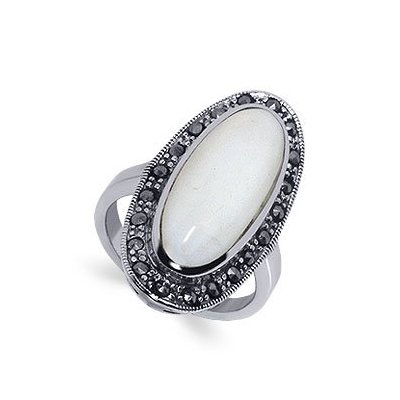 TDRMP-5080-P Nickel Free .925 Sterling Silver Oval Shaped 24mm x 10mm Mother of Pearl Polished Finished 4mm Marcasite Band Ring Size 5, 6, 7, 8, 9, 10