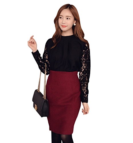 【 UN ANANAS 】 エレガント レース ハイネック カットソー ブラウス 長袖 レディース 通勤 通学 ブラック ホワイト カーキー ３色 春