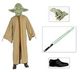 IMAGE OF Star Wars Yoda Deluxe Adult Costume One Size including Star Wars Yoda Latex Hands, Star Wars Jedi Master Green Lightsaber and Loafer (Black) Adult Shoes in S(8-9)