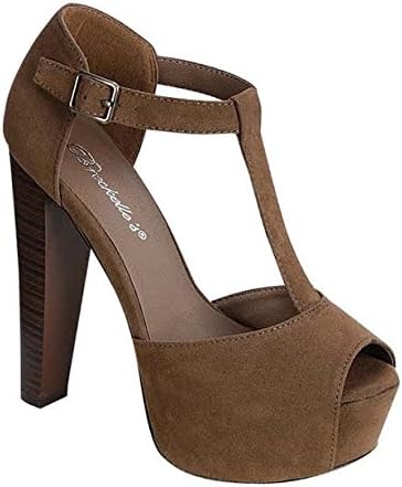 Breckelles Women's BRINA-01W Open Toe High Heel T-Strap Platform Sandals,7.5 B(M) US,Taupe-01w