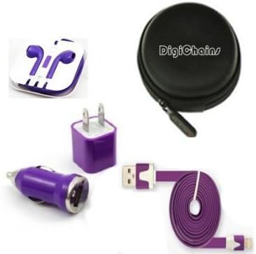 DigiChains 5-in-1 Earphone/cable Hard Case/Bag + earphone + Wall Charger + Car Charger+ 2M Length USB Sync Data / Charging White Cable for iPhone 5 / 5C / 5S iPad Mini iPod Touch 5th Gen