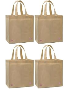 Reusable Grocery Tote w/ 2 Corner Bottle Holders, Tan 4 Pack