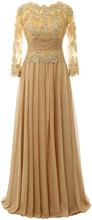 Ankang Women's Lace Long Sleeve Mother of the Bride Formal Beaded Prom Party Dress Gold US16