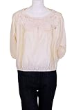 Trinity Elastic Waistline Long Sleeves Gold Lace Applique Trimmed Open Back Damask Fabric Blouse Ivory