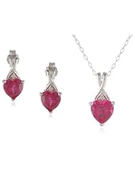 Sterling Silver, Created Ruby, and Diamond Heart Earrings and Pendant Necklace Set, 18"