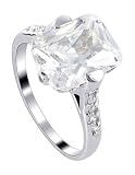 Nickel Free Sterling Silver 11 x 12mm Emerald Cut Cubic Zirconia Accents Polished Finished Rhodium plated 2mm Band Ring Size 5, 6, 7, 8, 9, 10