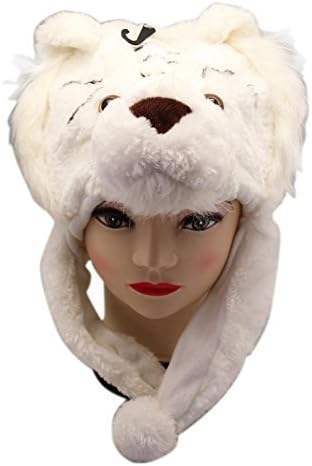 Plush White Tiger Animal Hat - Tiger Hat with Ear Flaps and Poms