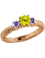 0.79 Ct Round Canary Diamond Blue Tanzanite 14K Rose Gold 3-Stone Ring