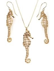 Gold Seahorse Jewelry Set - Pearl Aqautic Necklace and Nautical Earrings - Made of Polymer Clay - Handmade Bridal Set