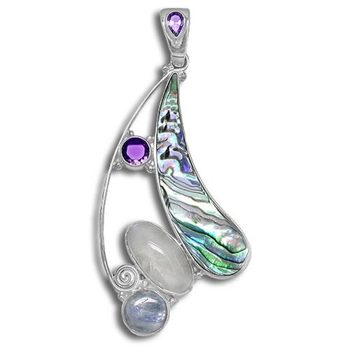 Sterling Silver Paua Shell, Rainbow Moonstone, Kyanite and Amethyst Pendant by Sajen