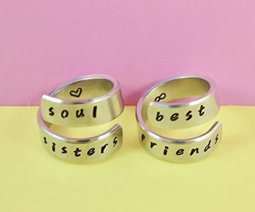 soul sisters / best friends - Hand Stamped Aluminum Spiral Rings Set, Sister Match Rings, Best Friends BFF Rings, Handwritten Font