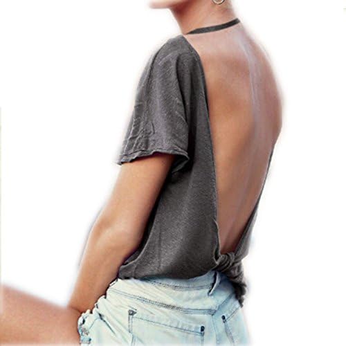 Zeagoo Ladies Deep Open-Back Hi-Low Hem Short Sleeve Bow Tie Shirt