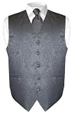 Men's Paisley Design Dress Vest NeckTie CHARCOAL GREY Neck Tie Set for Suit or Tuxedo