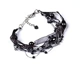 Oi! - Ladies Onyx And Fresh Water Pearl On Silk And Ribbon Bracelet - B2027A