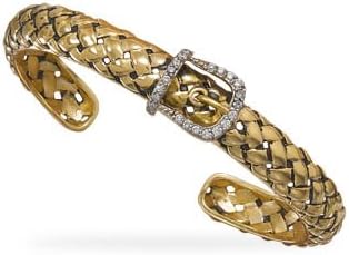 Oxidized 14 Karat Gold Plated CZ Buckle Cuff Bracelet. Oxidized 14 karat gold plated sterling silver weave pattern cuff bracelet with CZ buckle design. This bracelet is approximately 8.5mm.